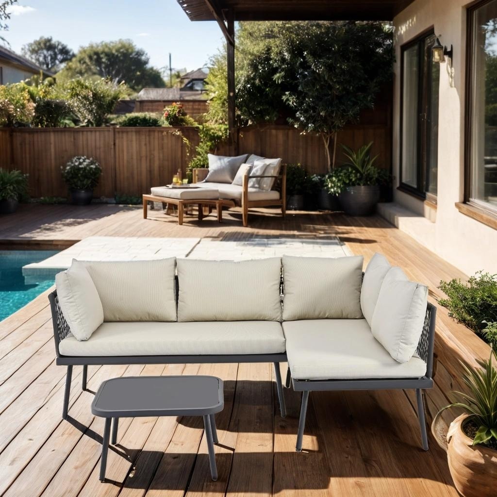 Rattan Patio Metal L-Shaped Sectional Sofa Set with Glass Table and Cushions