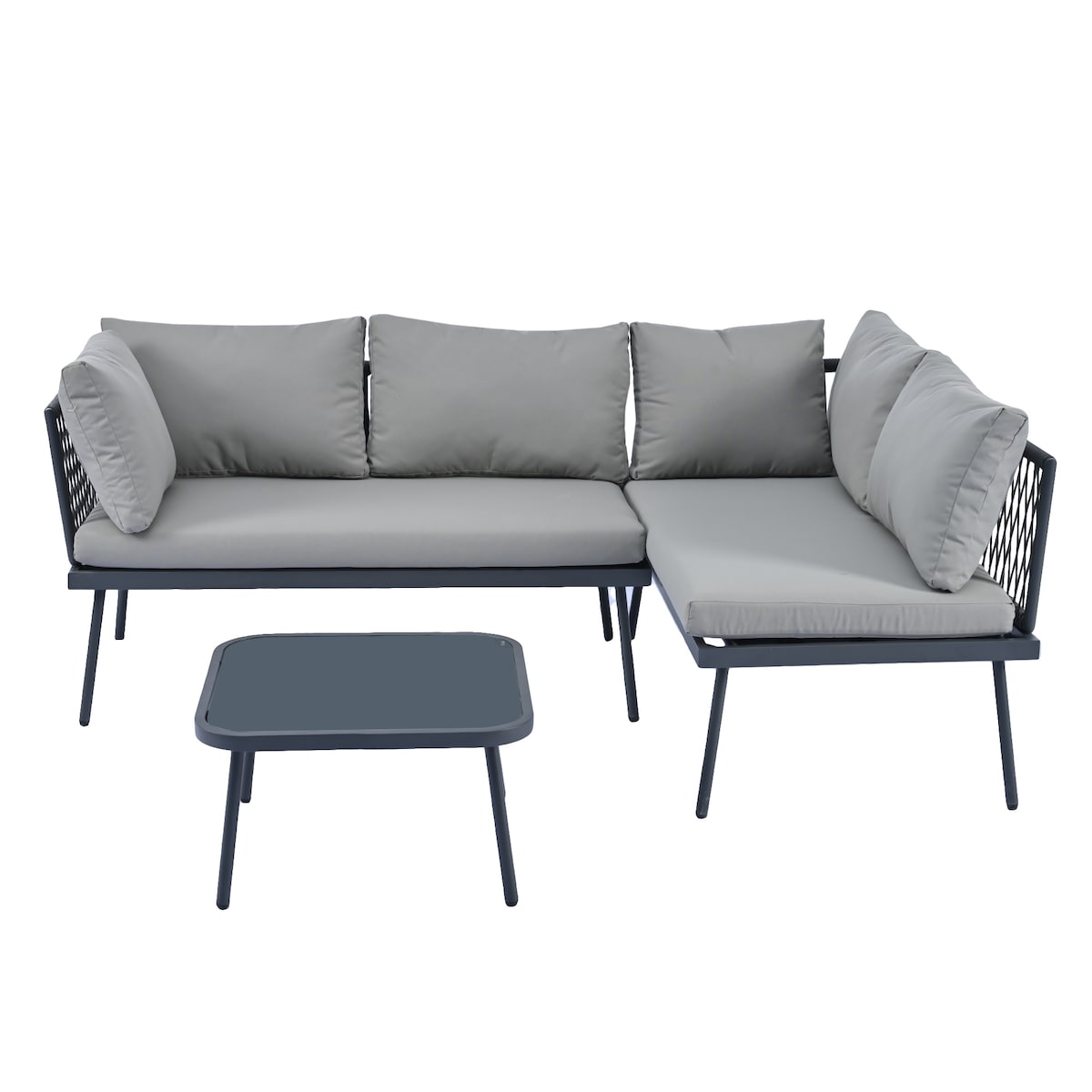Rattan Patio Metal L-Shaped Sectional Sofa Set with Glass Table and Cushions