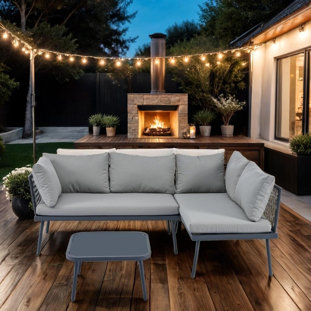 Rattan Patio Metal L-Shaped Sectional Sofa Set with Glass Table and Cushions