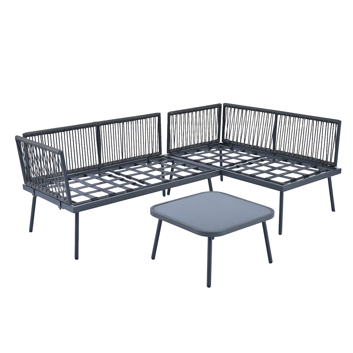 Rattan Patio Metal L-Shaped Sectional Sofa Set with Glass Table and Cushions
