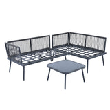Rattan Patio Metal L-Shaped Sectional Sofa Set with Glass Table and Cushions