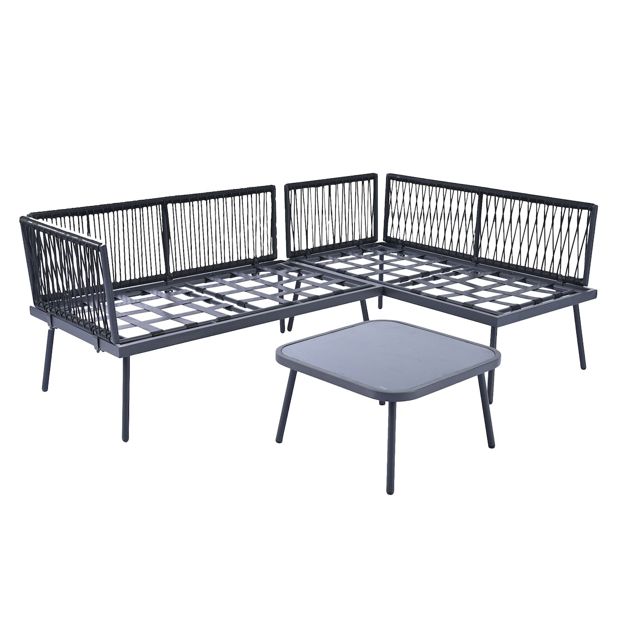 Rattan Patio Metal L-Shaped Sectional Sofa Set with Glass Table and Cushions