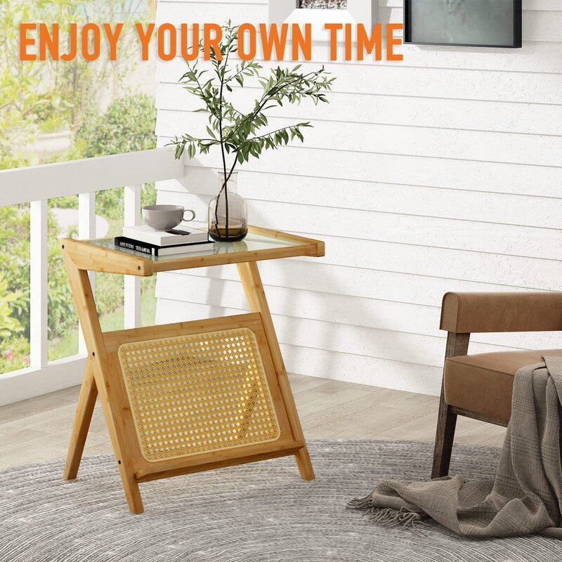 Rattan Side Table Boho End Table - 10"D x 5"W x 5"H