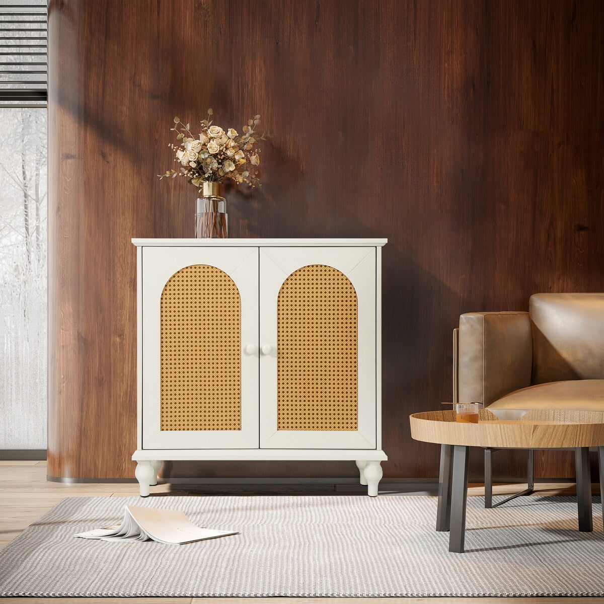 Rattan Storage Cabinet with Doors and Adjustable Shelves,Free Standing Cabinet for Entryway, Living Room,Kitchen