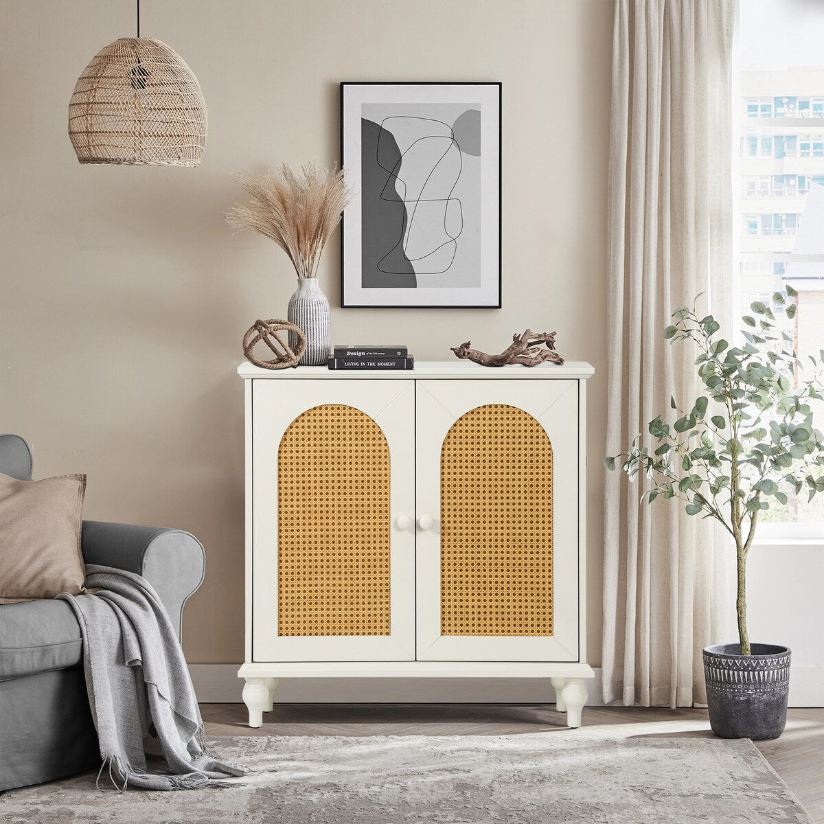 Rattan Storage Cabinet with Doors and Adjustable Shelves,Free Standing Cabinet for Entryway, Living Room,Kitchen