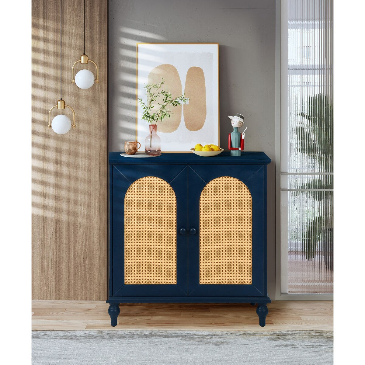 Rattan Storage Cabinet with Doors and Adjustable Shelves,Free Standing Cabinet for Entryway, Living Room,Kitchen