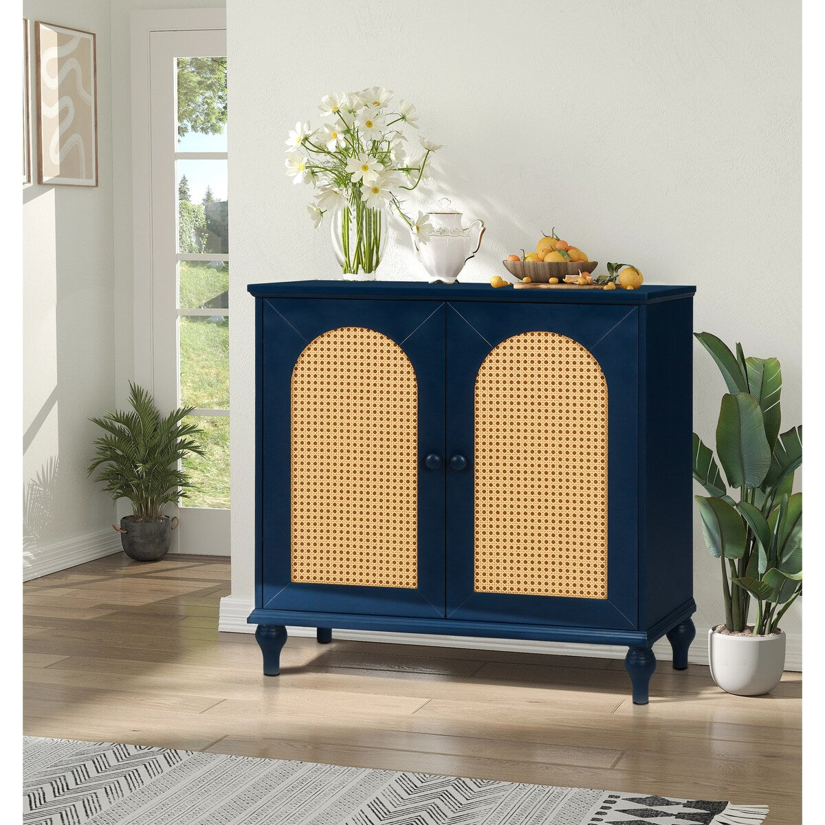 Rattan Storage Cabinet with Doors and Adjustable Shelves,Free Standing Cabinet for Entryway, Living Room,Kitchen