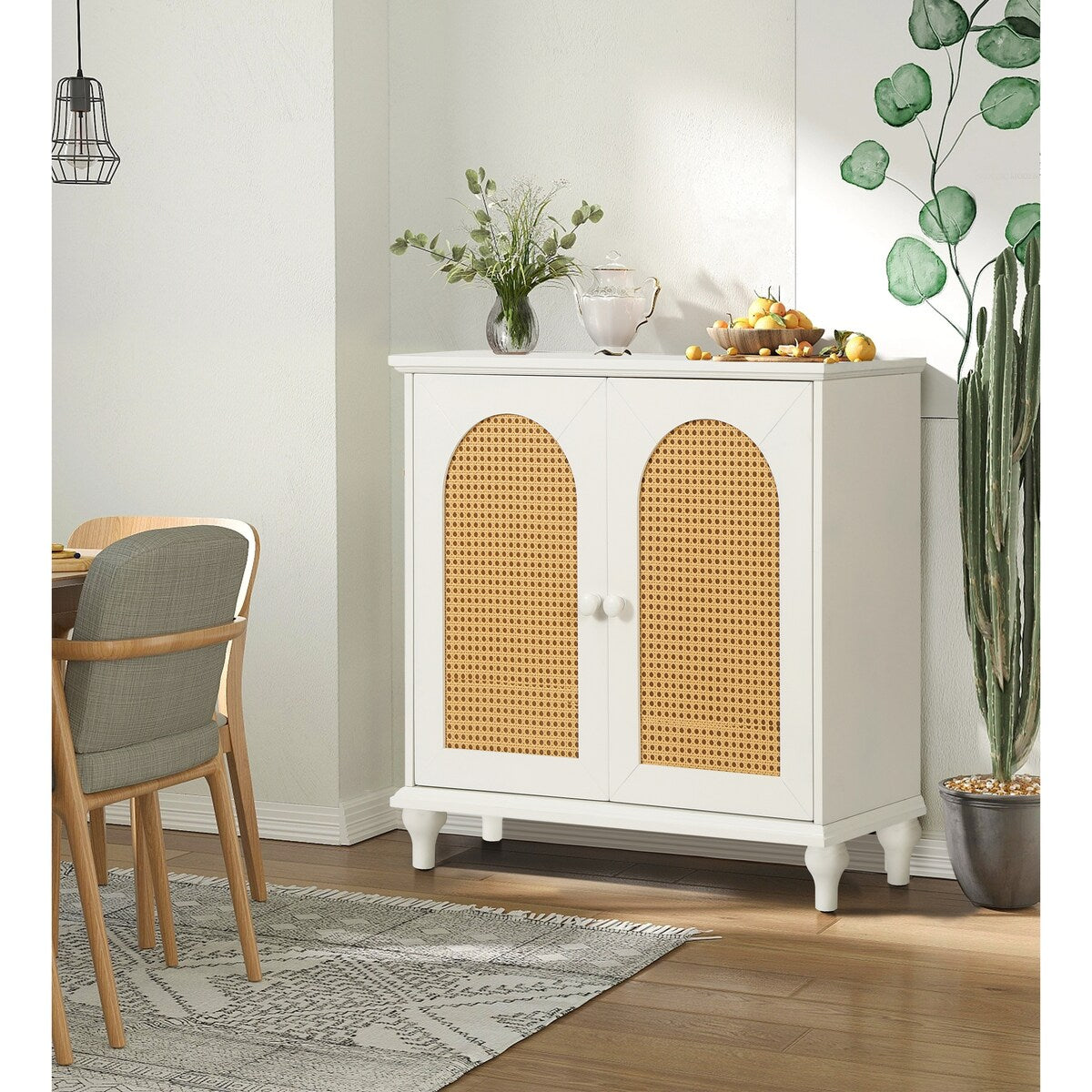 Rattan Storage Cabinet with Doors and Adjustable Shelves,Free Standing Cabinet for Entryway, Living Room,Kitchen