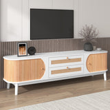 Wood Modern Farmhouse TV Stand with Sliding Door Cabinets & Rattan Drawers - 15.55 x 66.93 x 18.11
