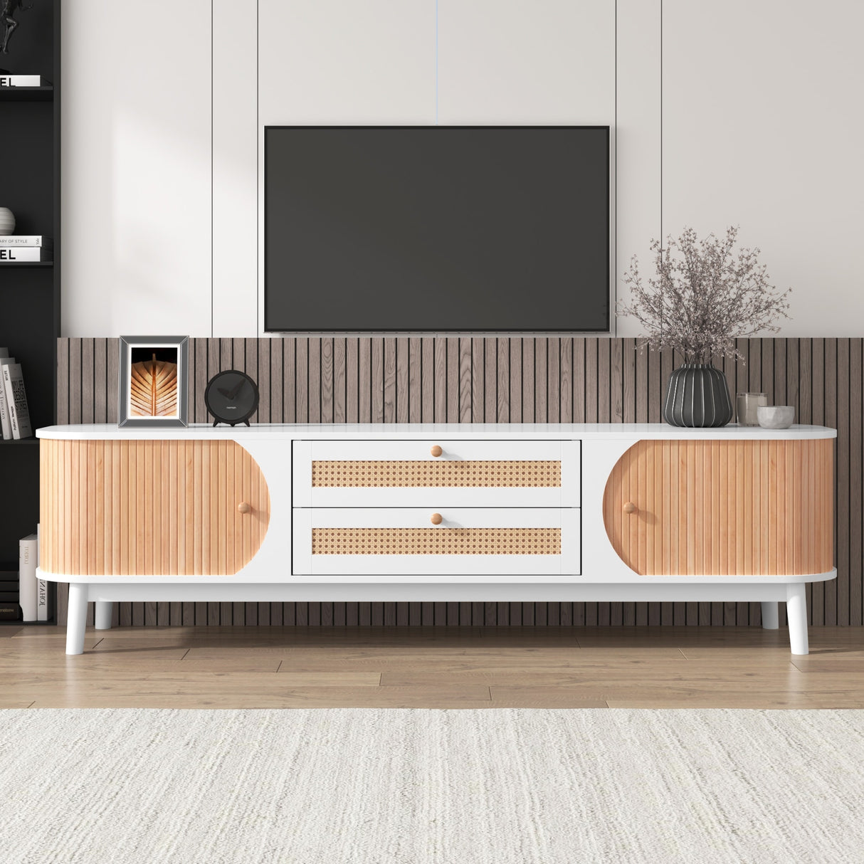 Wood Modern Farmhouse TV Stand with Sliding Door Cabinets & Rattan Drawers - 15.55 x 66.93 x 18.11