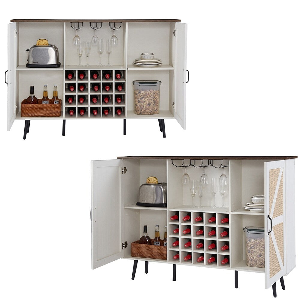 Rattan Wine Bar Cabinet 2-Door Farmhouse Liquor Cabinet with Wine Rack & Glass Holder, Sideboard - 55.11L*12.6W*38.19H