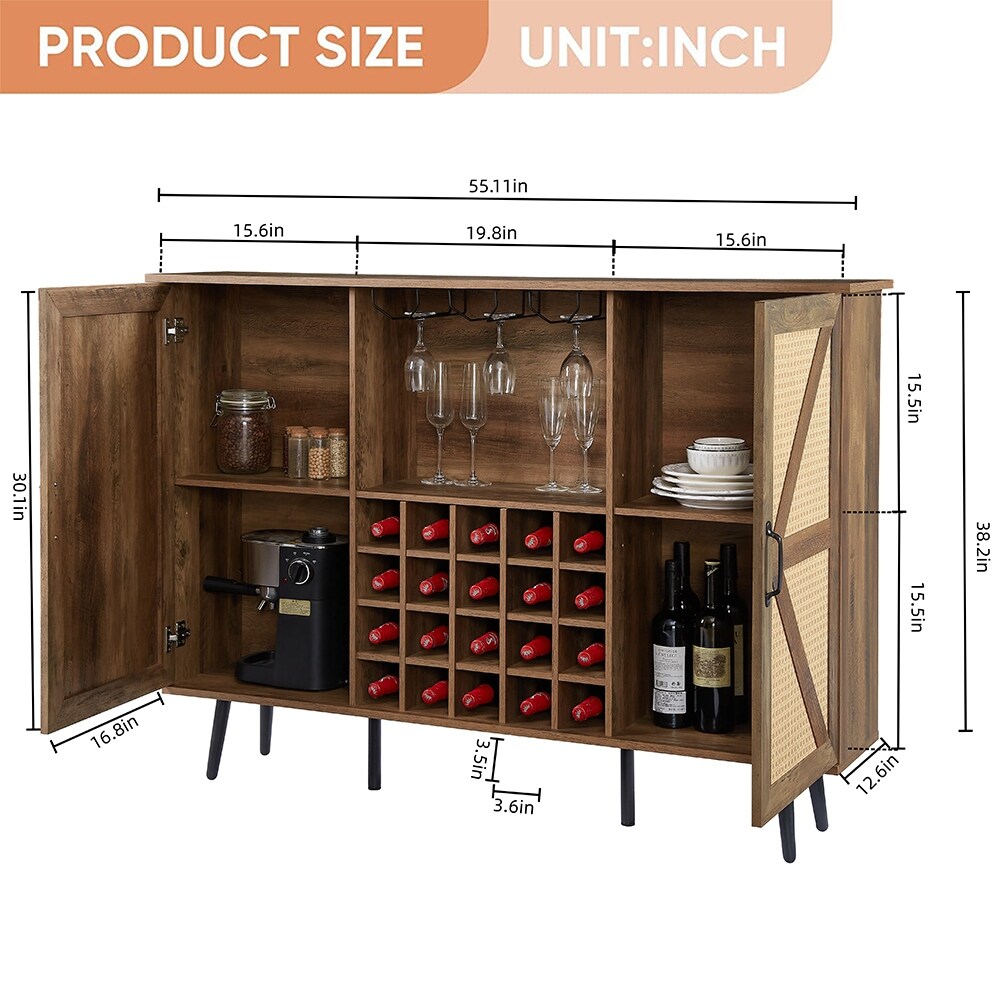 Rattan Wine Bar Cabinet 2-Door Farmhouse Liquor Cabinet with Wine Rack & Glass Holder, Sideboard - 55.11L*12.6W*38.19H