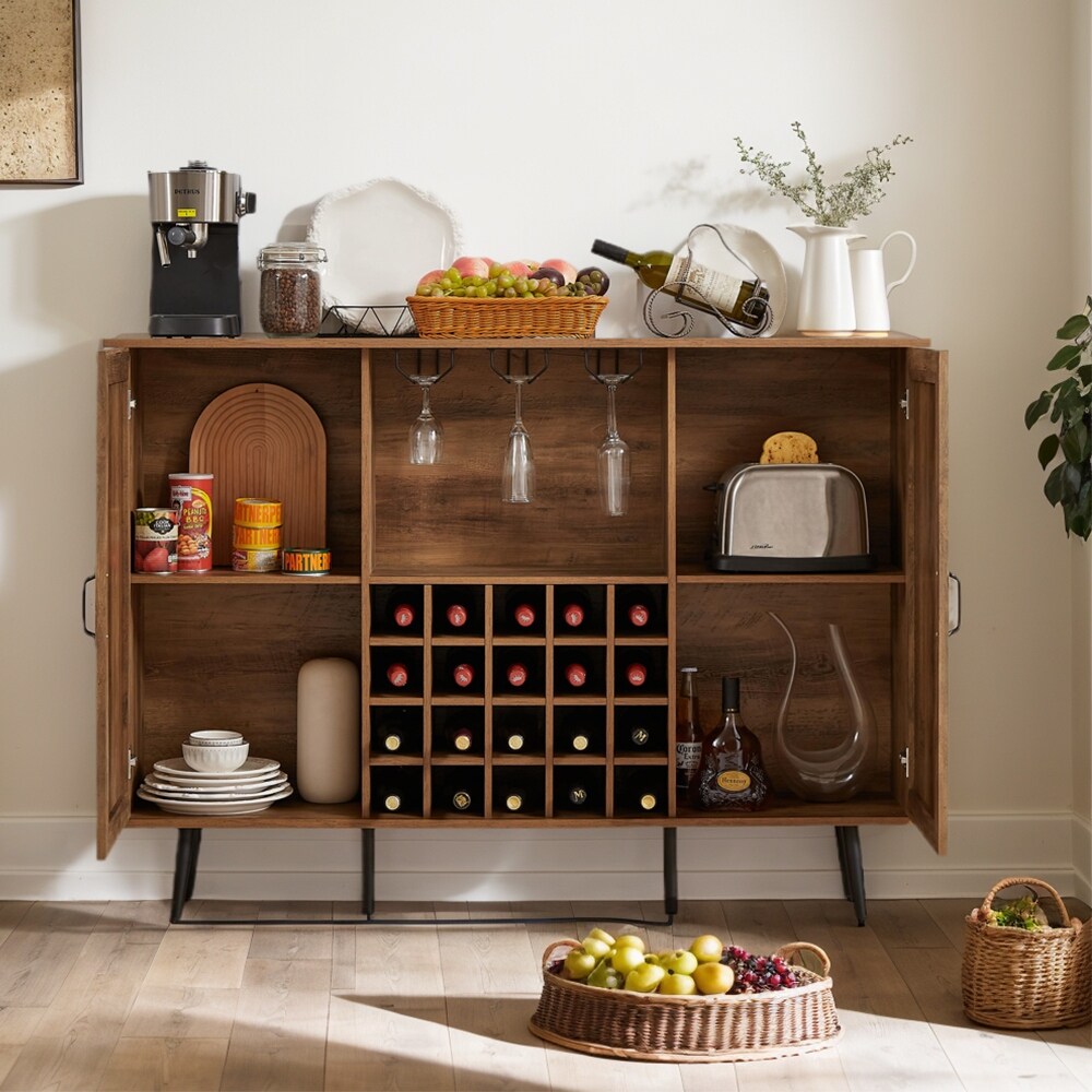 Rattan Wine Bar Cabinet 2-Door Farmhouse Liquor Cabinet with Wine Rack & Glass Holder, Sideboard - 55.11L*12.6W*38.19H
