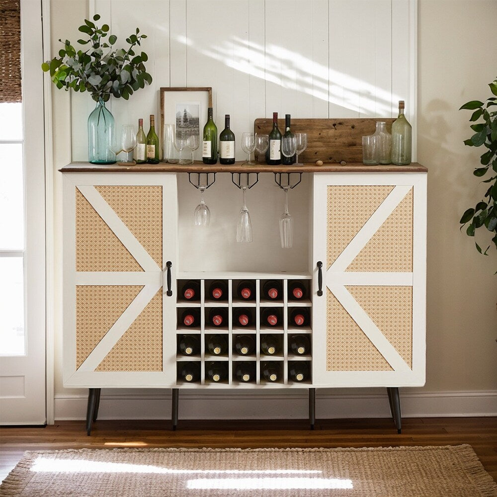 Rattan Wine Bar Cabinet 2-Door Farmhouse Liquor Cabinet with Wine Rack & Glass Holder, Sideboard - 55.11L*12.6W*38.19H