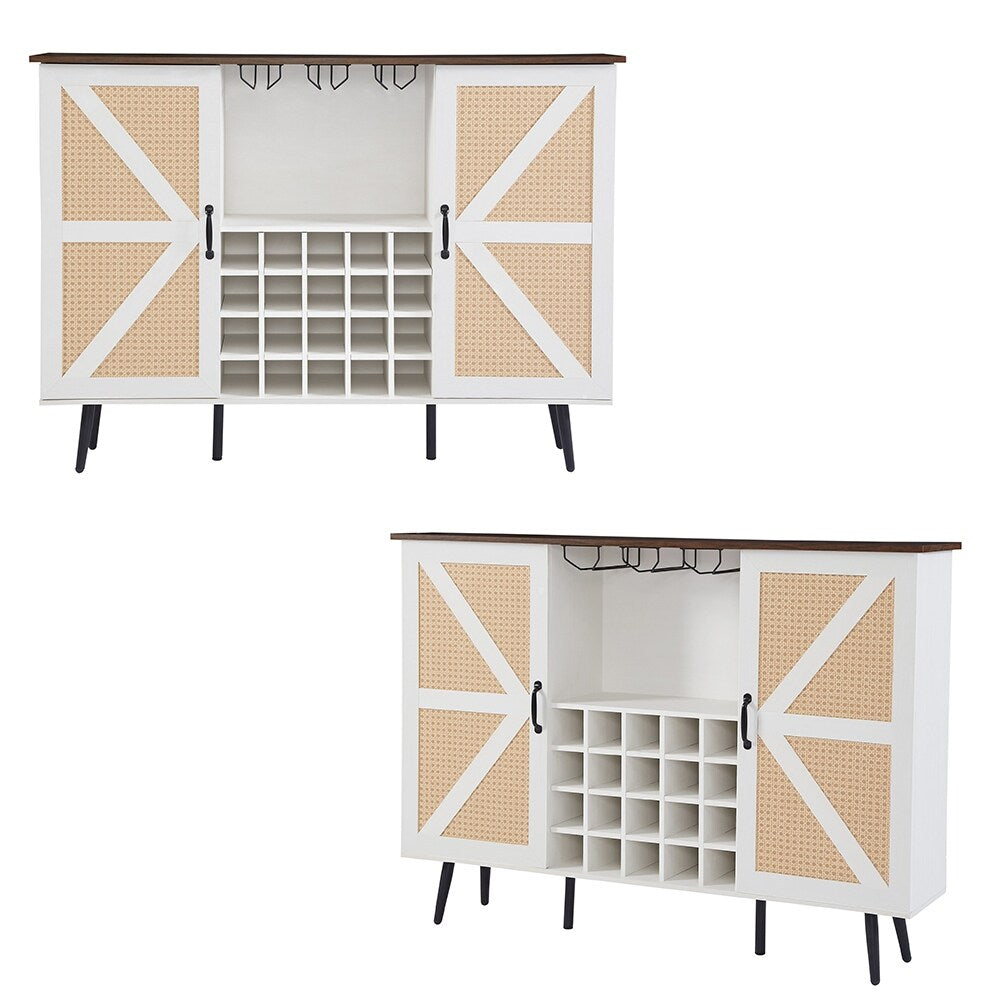 Rattan Wine Bar Cabinet 2-Door Farmhouse Liquor Cabinet with Wine Rack & Glass Holder, Sideboard - 55.11L*12.6W*38.19H