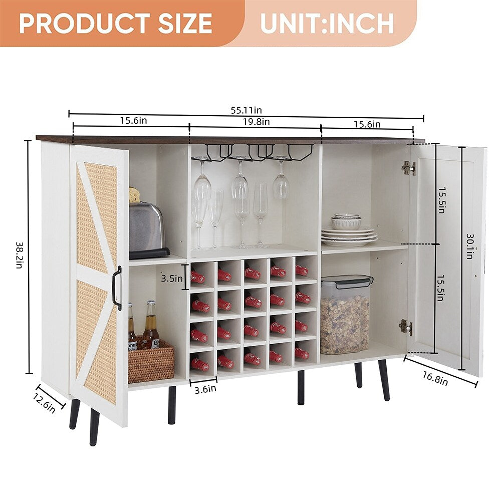 Rattan Wine Bar Cabinet 2-Door Farmhouse Liquor Cabinet with Wine Rack & Glass Holder, Sideboard - 55.11L*12.6W*38.19H