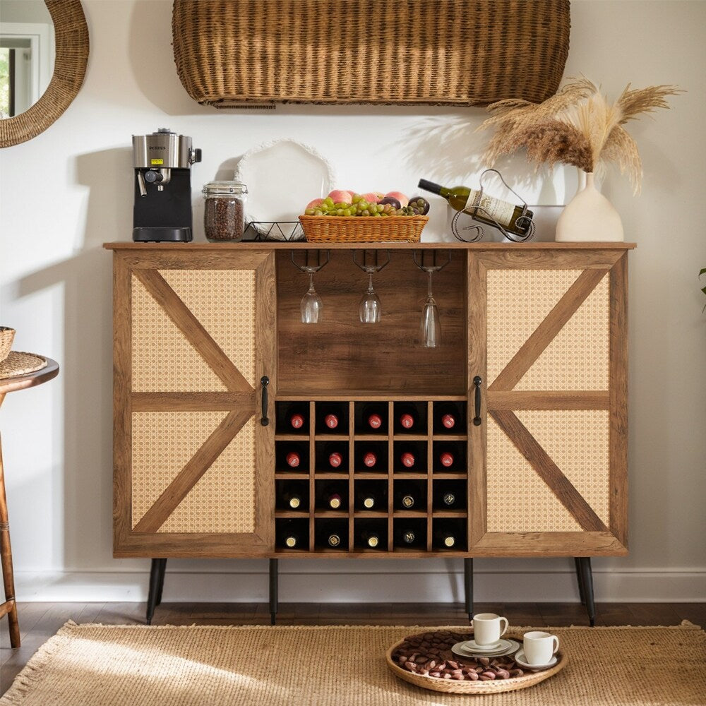 Rattan Wine Bar Cabinet 2-Door Farmhouse Liquor Cabinet with Wine Rack & Glass Holder, Sideboard - 55.11L*12.6W*38.19H