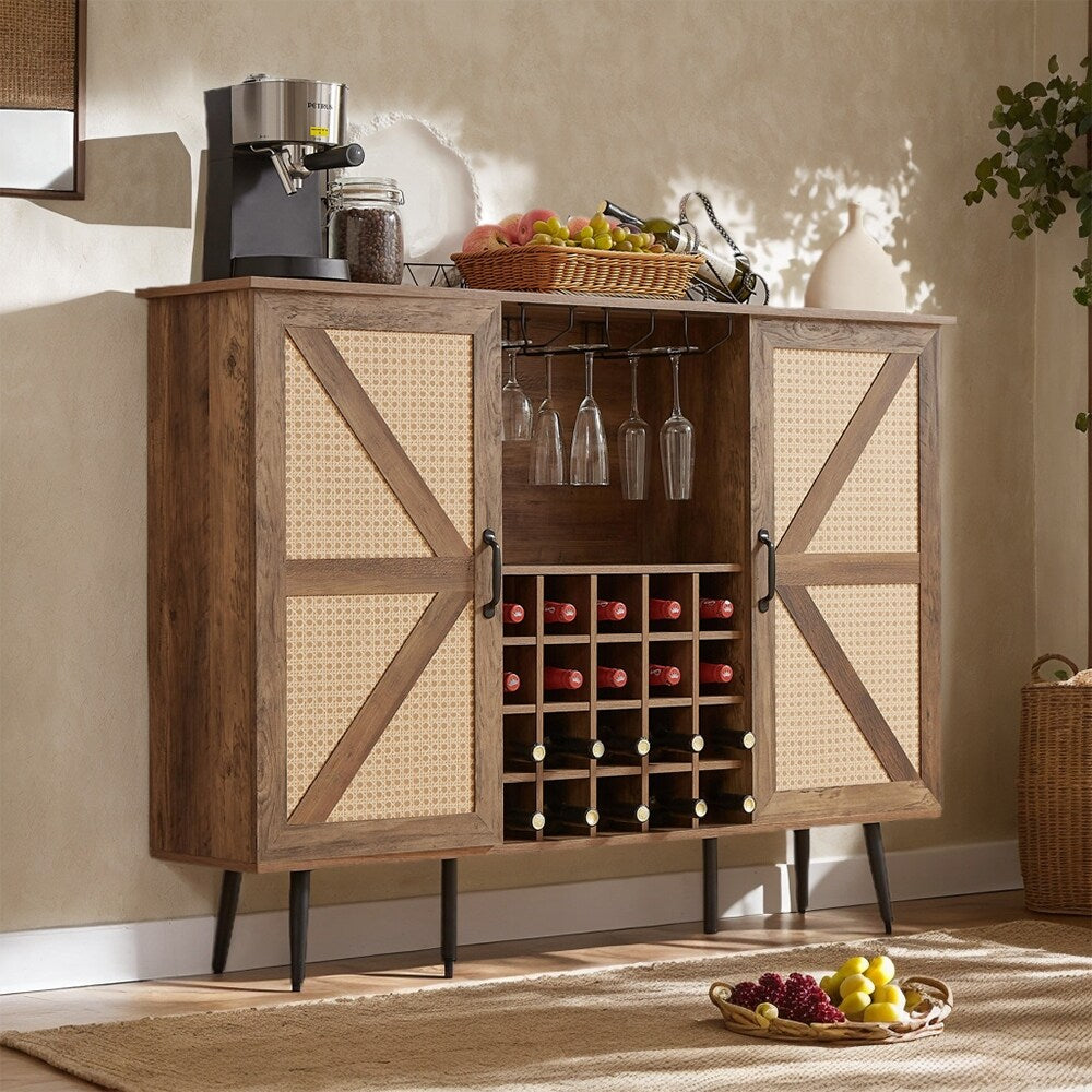 Rattan Wine Bar Cabinet 2-Door Farmhouse Liquor Cabinet with Wine Rack & Glass Holder, Sideboard - 55.11L*12.6W*38.19H