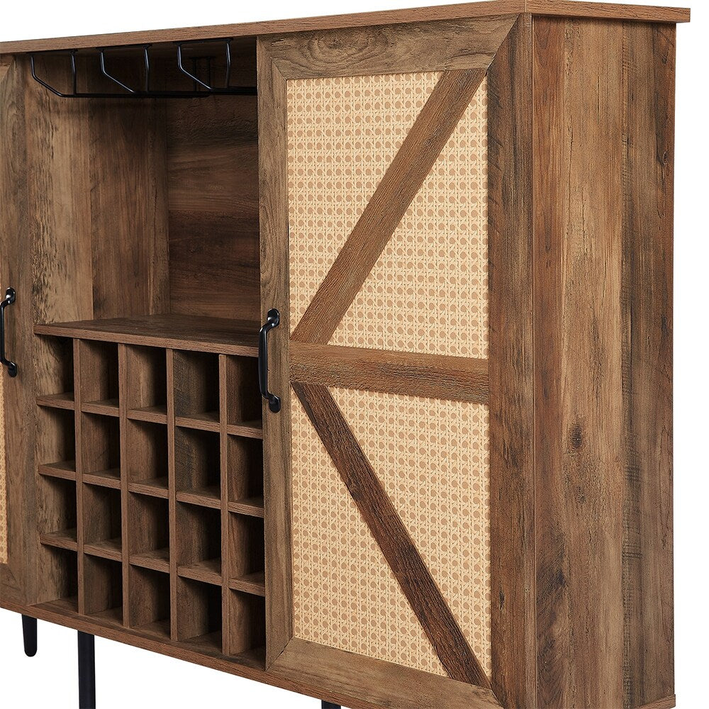 Rattan Wine Bar Cabinet 2-Door Farmhouse Liquor Cabinet with Wine Rack & Glass Holder, Sideboard - 55.11L*12.6W*38.19H