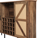 Rattan Wine Bar Cabinet 2-Door Farmhouse Liquor Cabinet with Wine Rack & Glass Holder, Sideboard - 55.11L*12.6W*38.19H