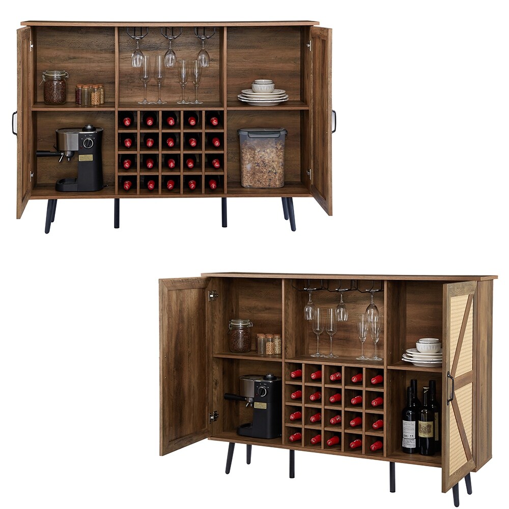 Rattan Wine Bar Cabinet 2-Door Farmhouse Liquor Cabinet with Wine Rack & Glass Holder, Sideboard - 55.11L*12.6W*38.19H
