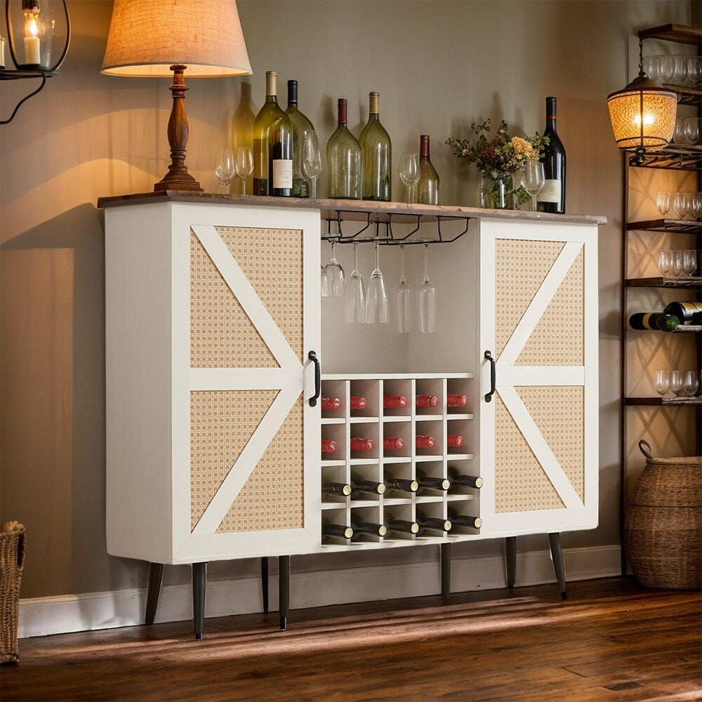 Rattan Wine Bar Cabinet 2-Door Farmhouse Liquor Cabinet with Wine Rack & Glass Holder, Sideboard - 55.11L*12.6W*38.19H
