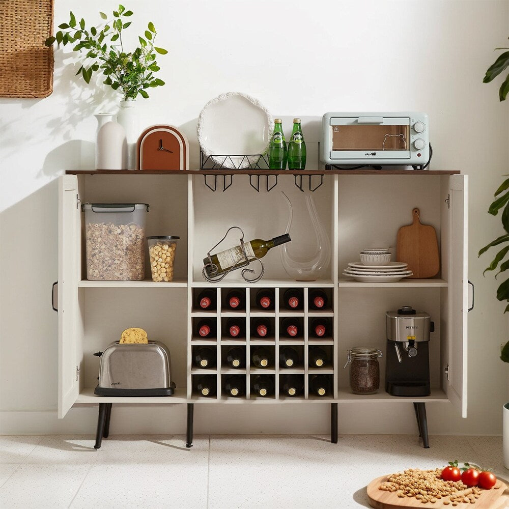 Rattan Wine Bar Cabinet 2-Door Farmhouse Liquor Cabinet with Wine Rack & Glass Holder, Sideboard - 55.11L*12.6W*38.19H