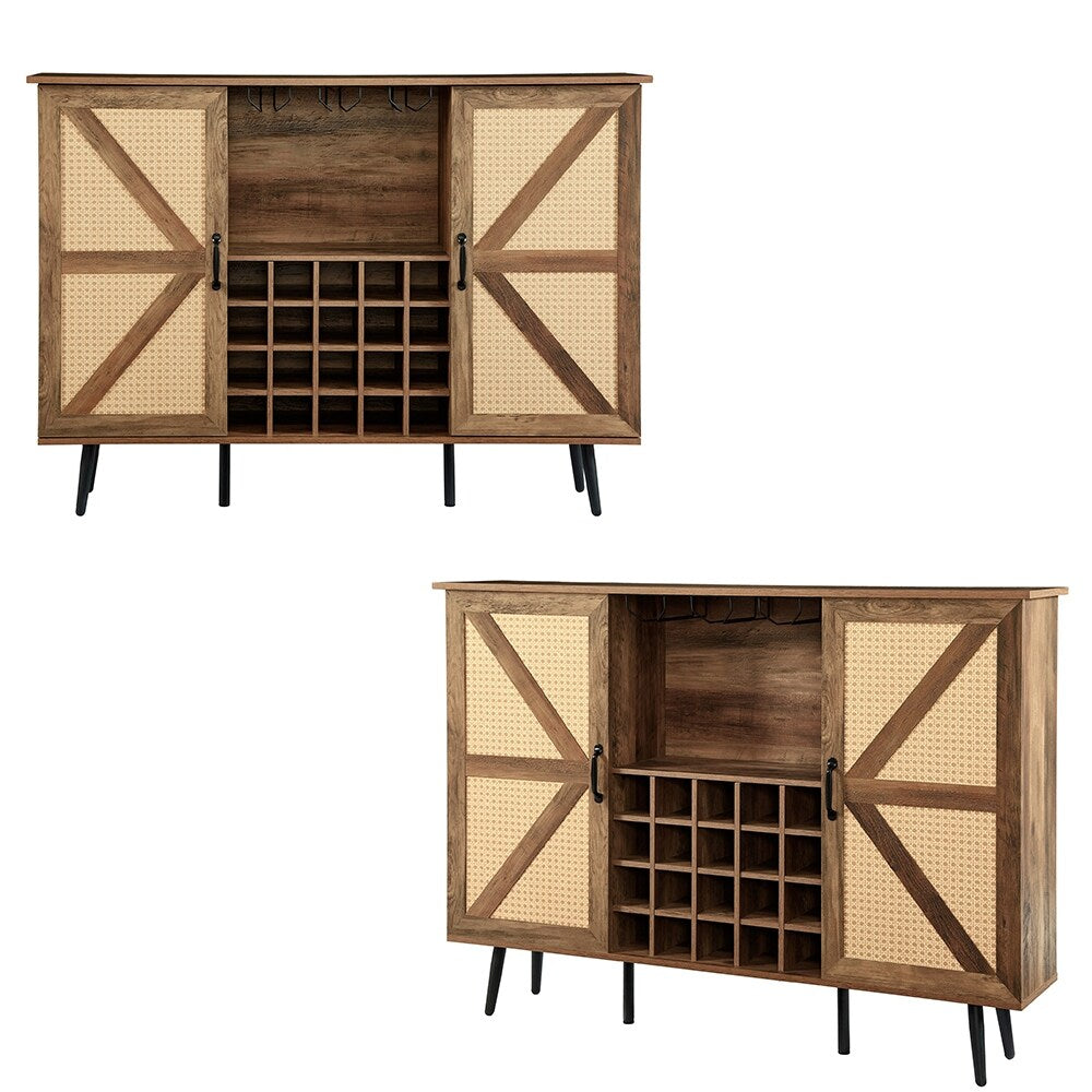 Rattan Wine Bar Cabinet 2-Door Farmhouse Liquor Cabinet with Wine Rack & Glass Holder, Sideboard - 55.11L*12.6W*38.19H