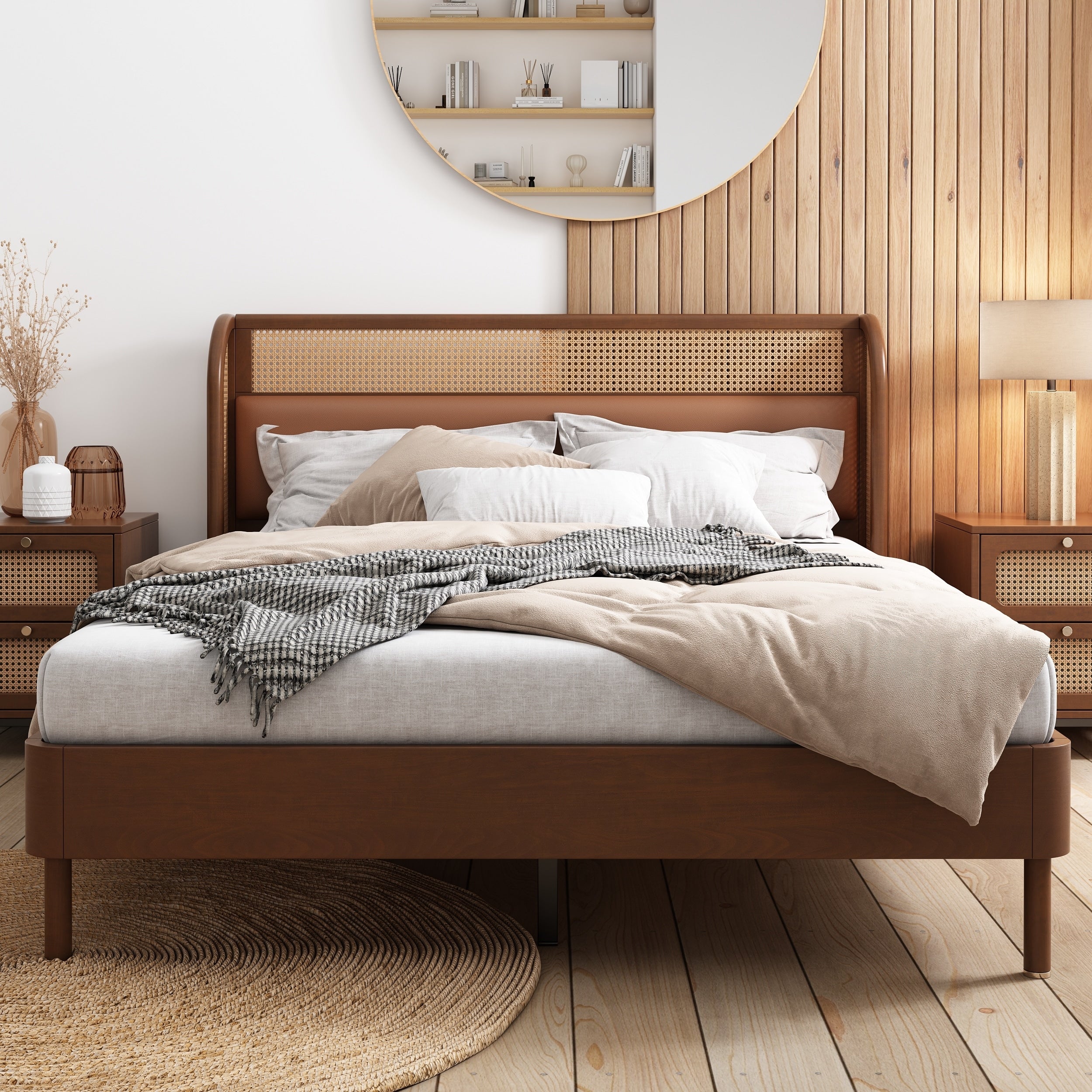 Rattan Wood Platform Queen Bed Black
