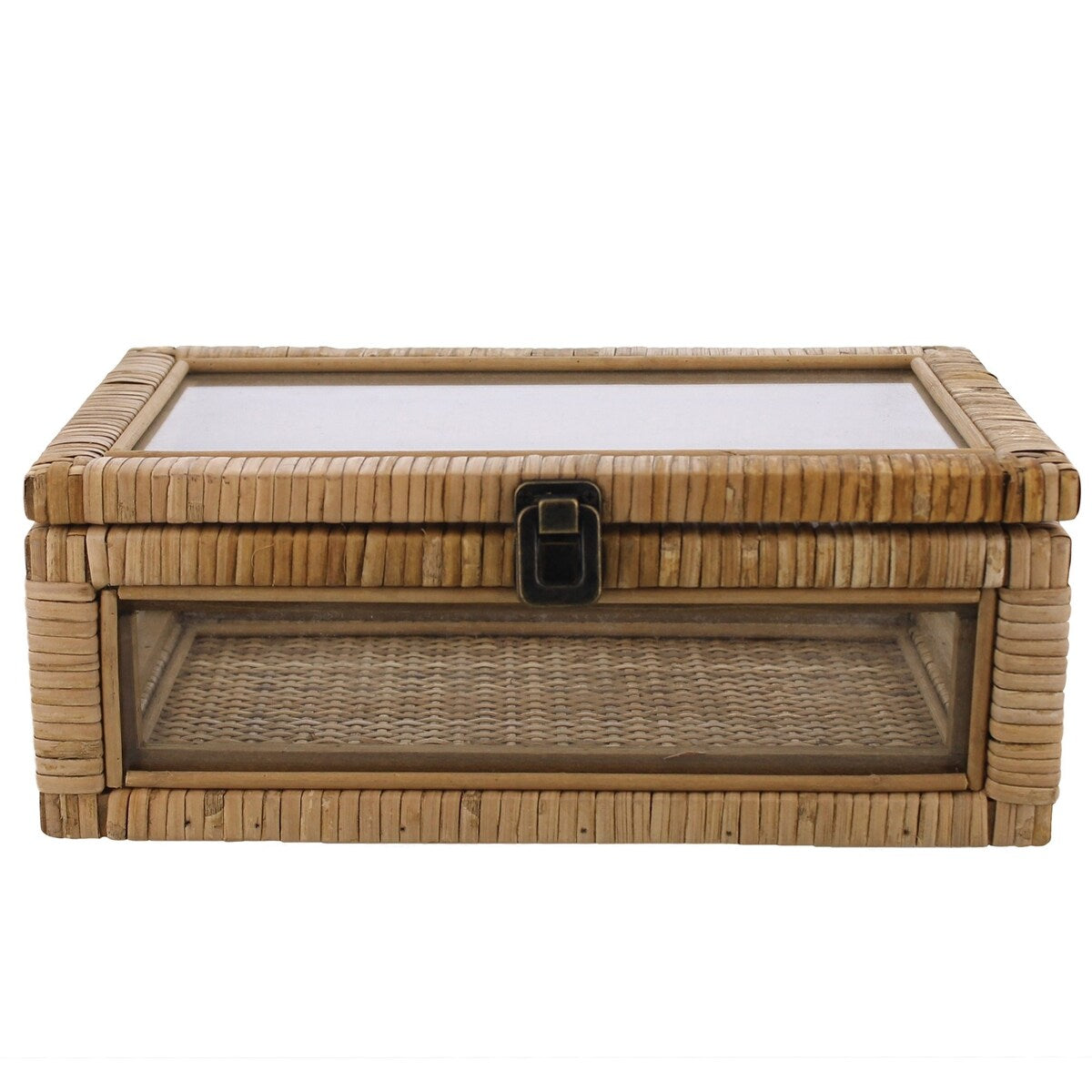 Rattan and Glass Frame Rectangular Case with Lock, Brown