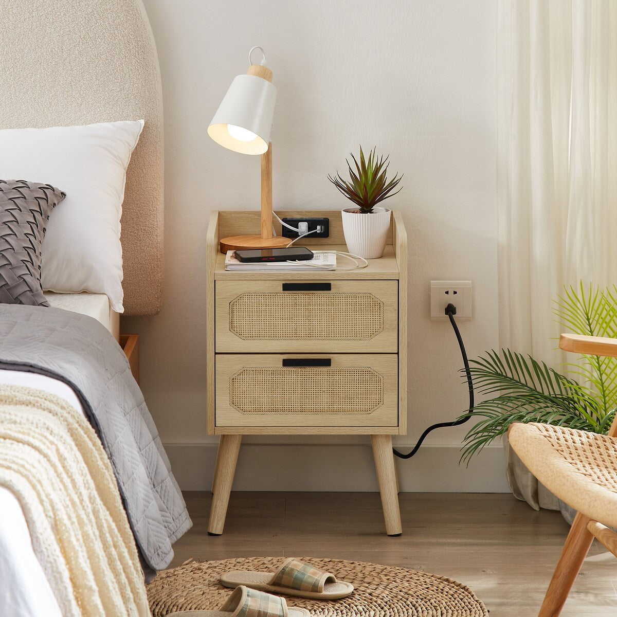 Rattan nightstand with socket side table natural handmade rattan Natur Overstock