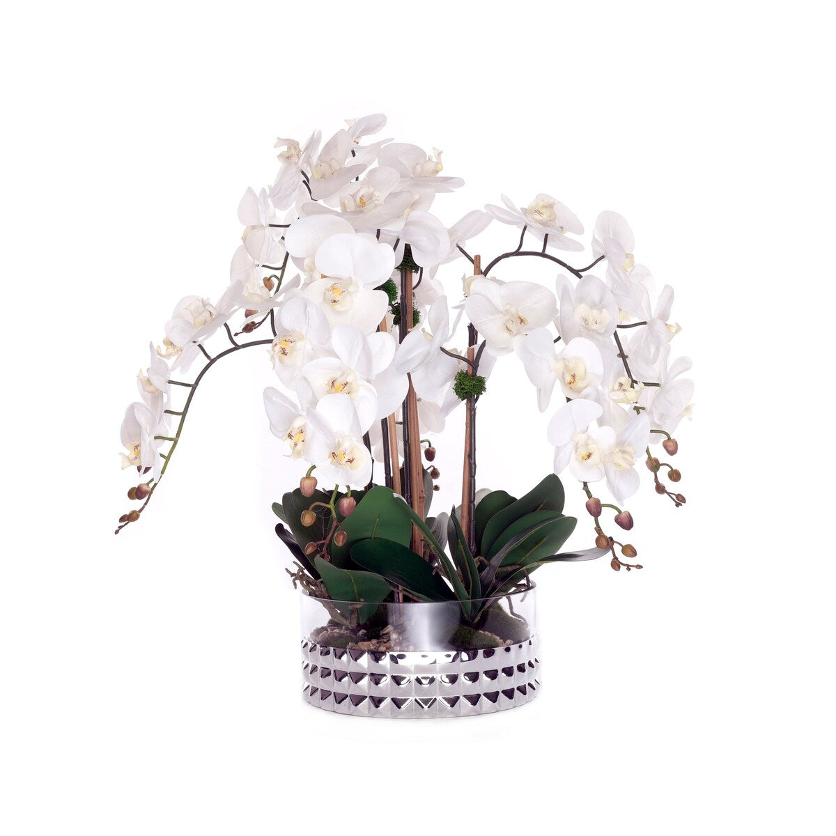 Real Touch Phalaenopsis Orchids /Moss/pebbles in Glass Silver Bowl