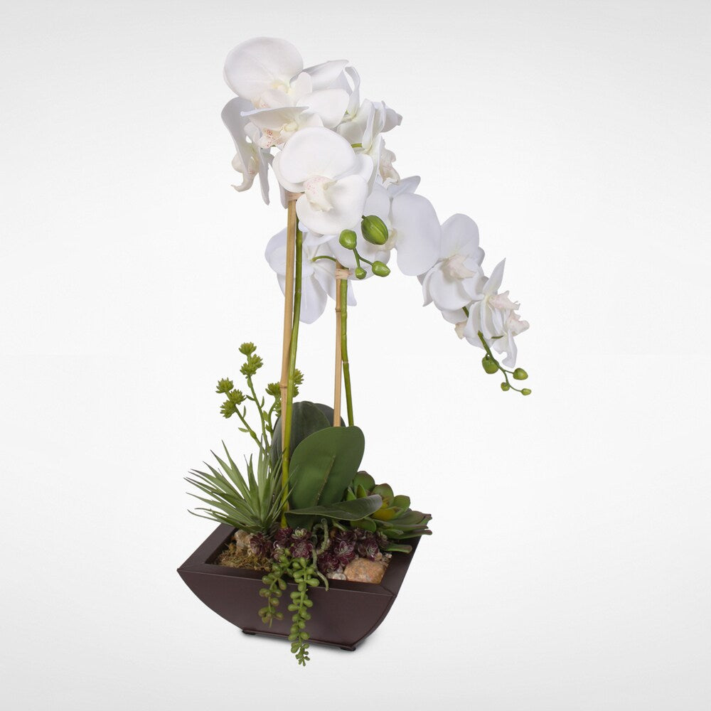 Real Touch White Phalaenopsis Silk Orchids with Succulents in a Modern Metal Container