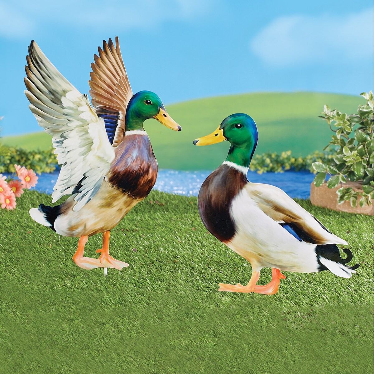 Realistic Mallard Ducks Outdoor Garden Stake Set - 17.000 x 12.380 x 2.750