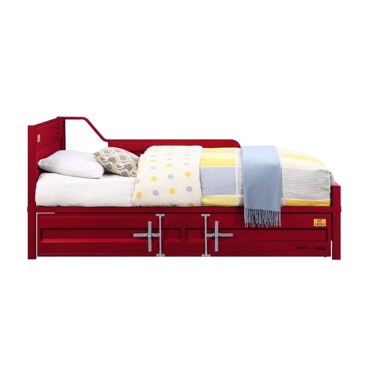 Recessed Panel Design Metal Twin Size Daybed with Attached Trundle, Red