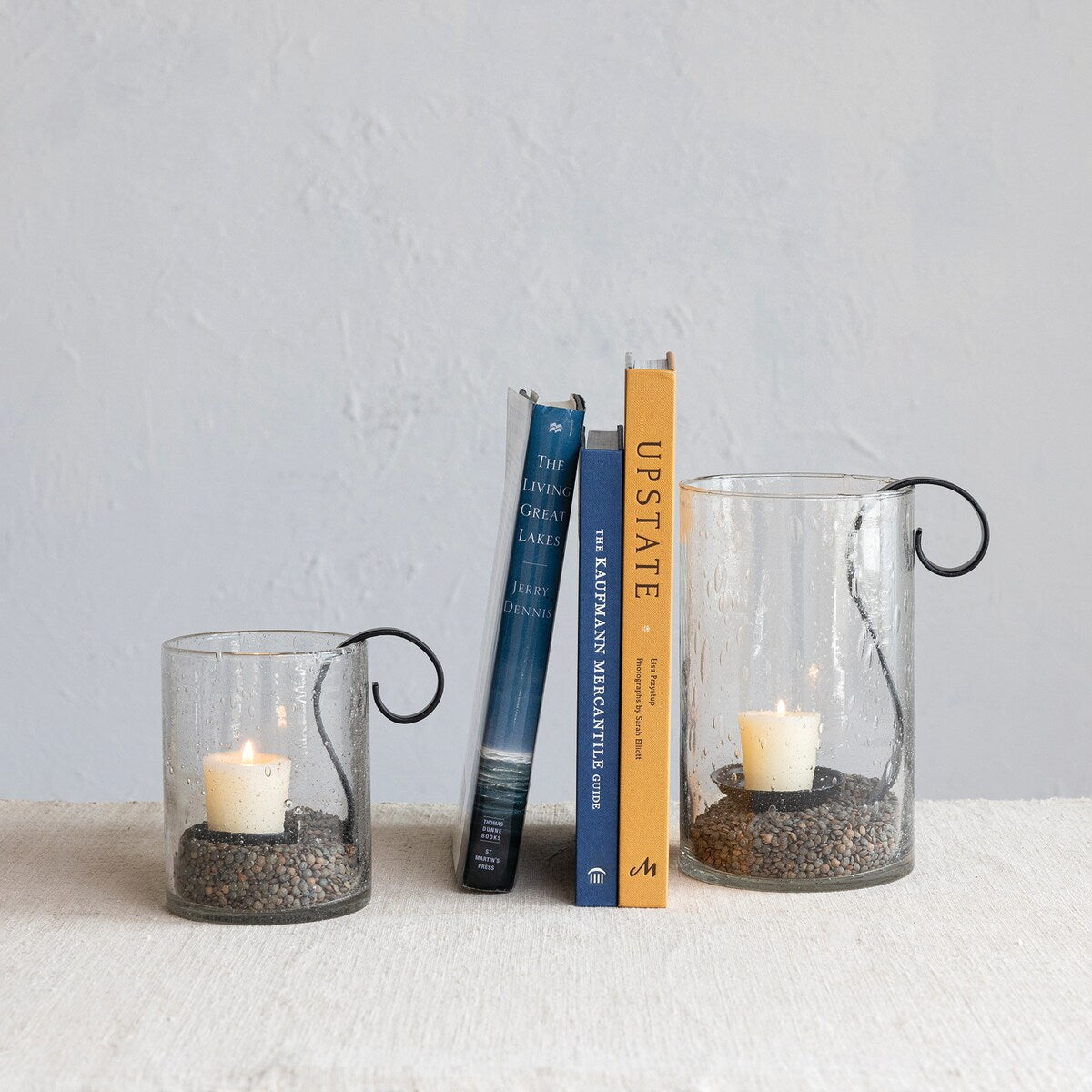 Reclaimed Bubble Glass Hurricane with Metal Candle Holder