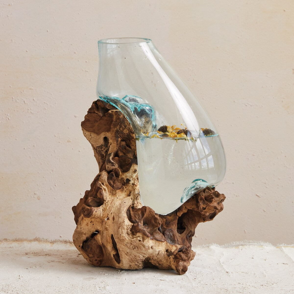 Reclaimed Glass Terrarium Vase on Wood Base - 8.7"L x 7.9"W x 15.8"H