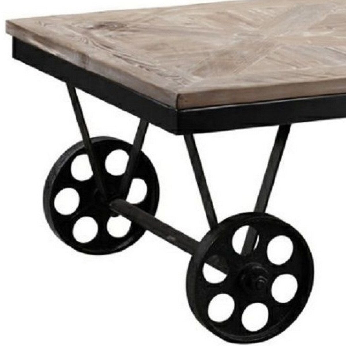 Reclaimed Wood Top Table Cart with Metal Wheels, Brown