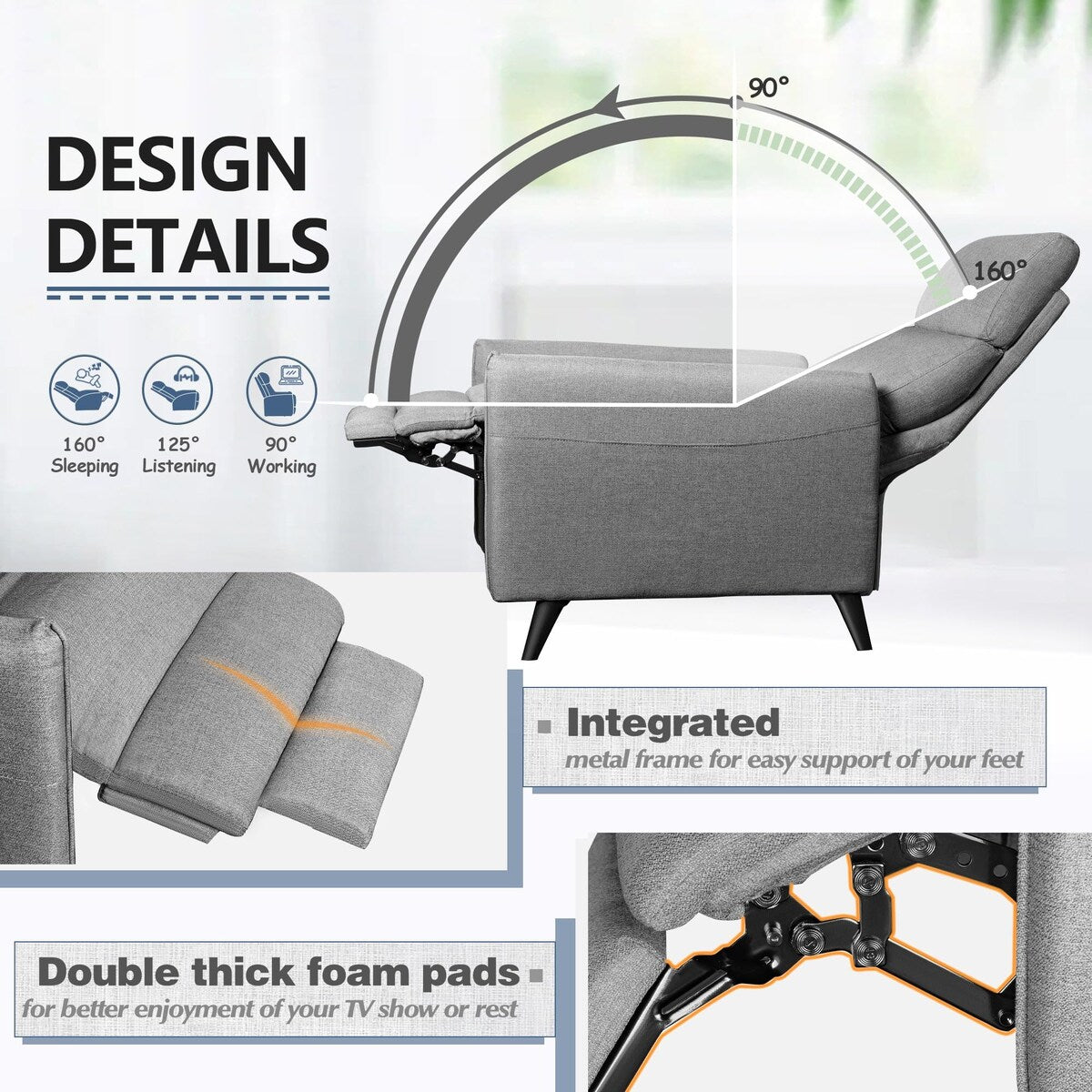 Recliner Chair Adjustable Home Theater Single Fabric Sofa Furniture with Thick Seat Cushion and Backrest Living Room Recliners