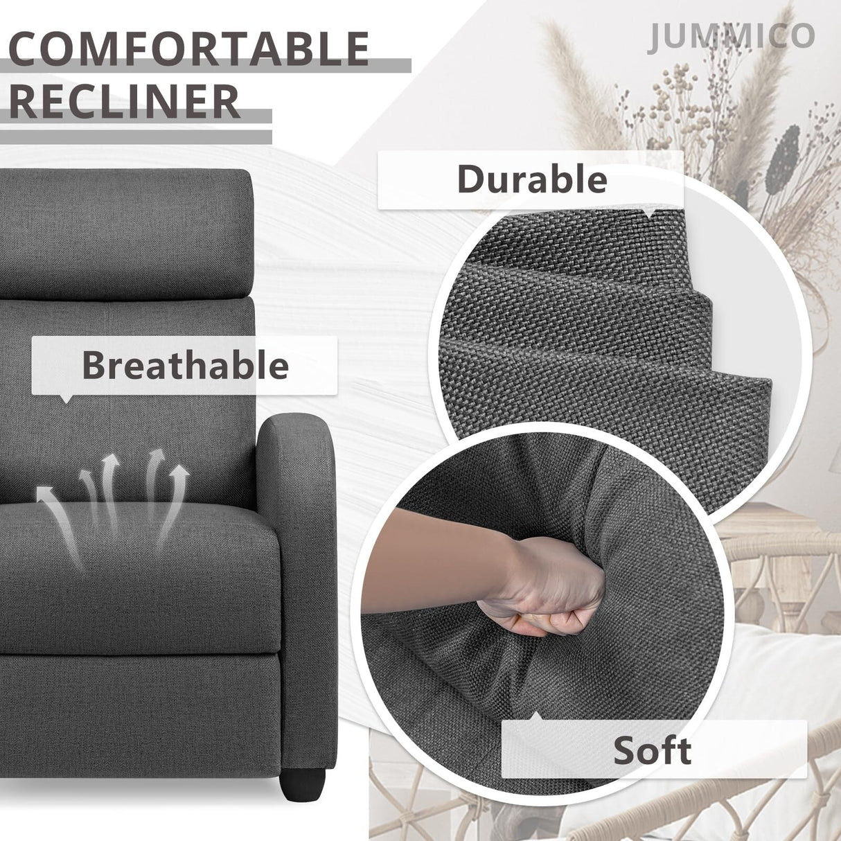 Recliner Chair Adjustable Home Theater Single Fabric Sofa Furniture with Thick Seat Cushion and Backrest Living Room Recliners