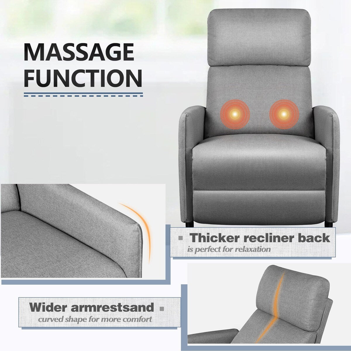 Recliner Chair Adjustable Home Theater Single Fabric Sofa Furniture with Thick Seat Cushion and Backrest Living Room Recliners