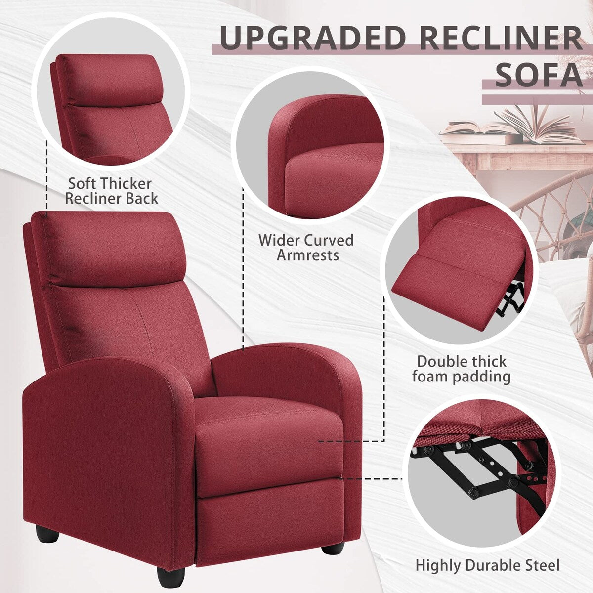 Recliner Chair Adjustable Home Theater Single Fabric Sofa Furniture with Thick Seat Cushion and Backrest Living Room Recliners