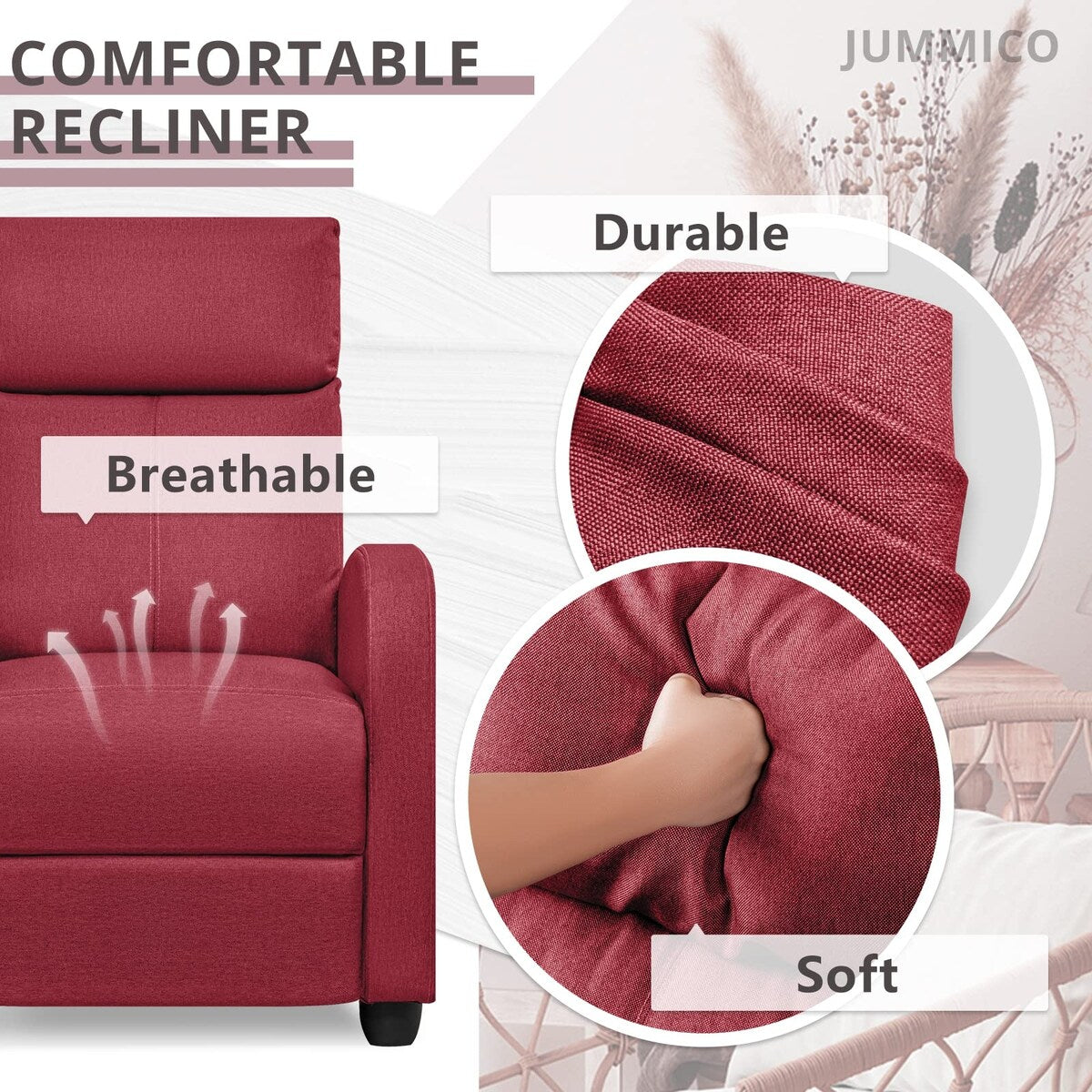 Recliner Chair Adjustable Home Theater Single Fabric Sofa Furniture with Thick Seat Cushion and Backrest Living Room Recliners