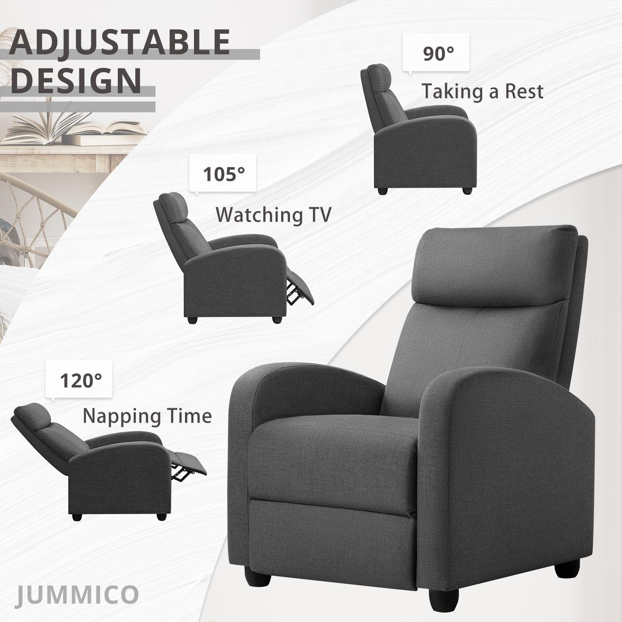 Recliner Chair Adjustable Home Theater Single Fabric Sofa Furniture with Thick Seat Cushion and Backrest Living Room Recliners