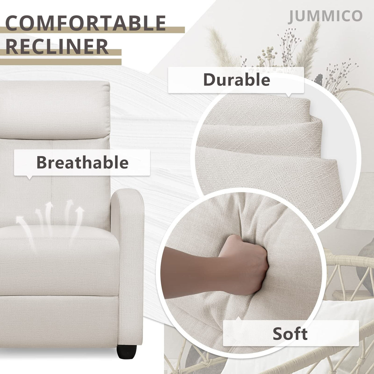 Recliner Chair Adjustable Home Theater Single Fabric Sofa Furniture with Thick Seat Cushion and Backrest Living Room Recliners