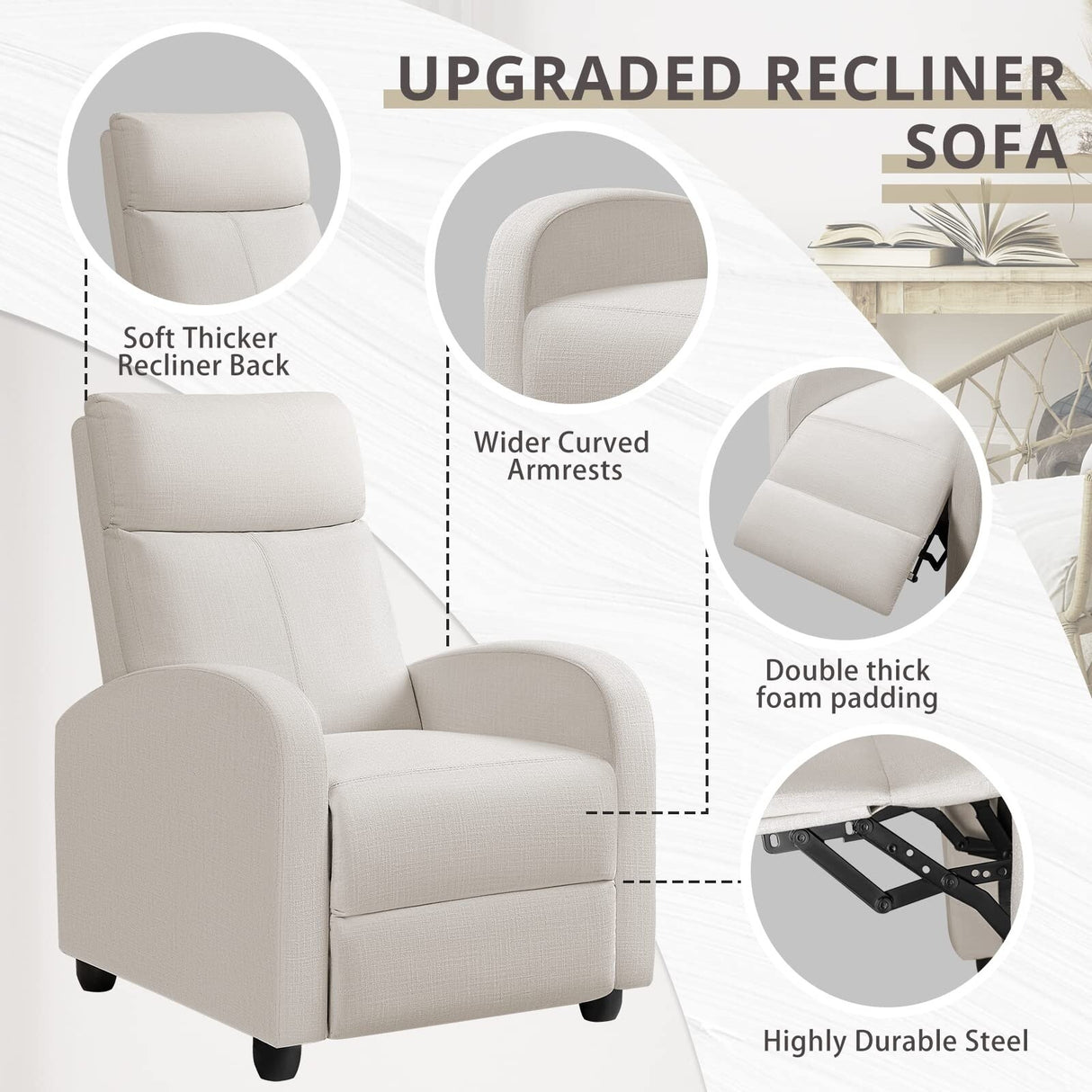 Recliner Chair Adjustable Home Theater Single Fabric Sofa Furniture with Thick Seat Cushion and Backrest Living Room Recliners