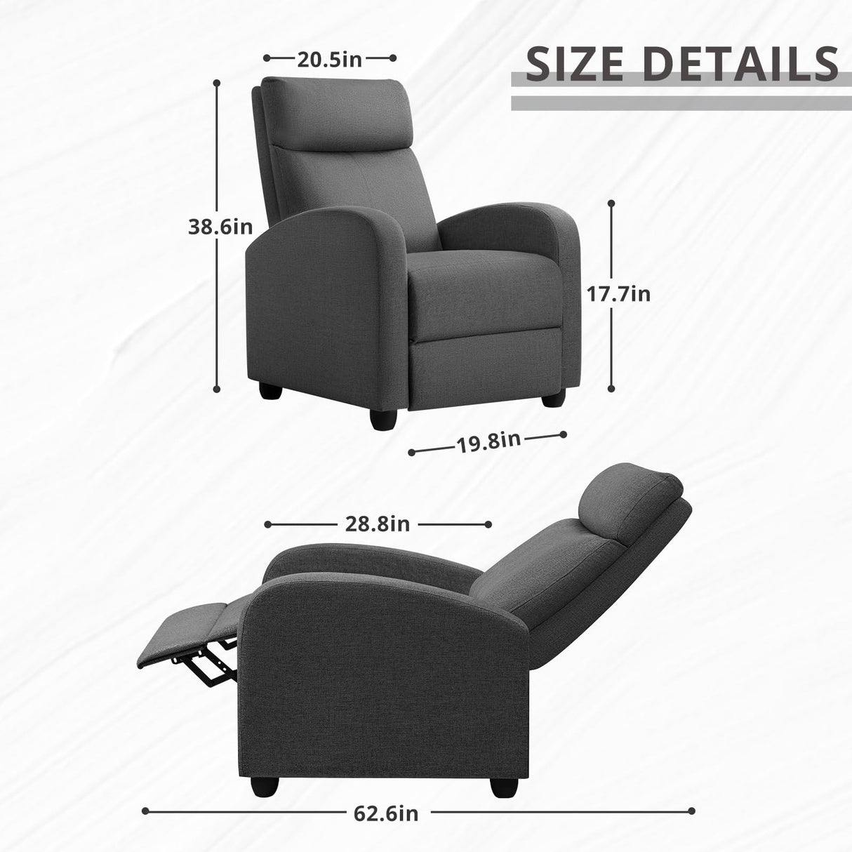 Recliner Chair Adjustable Home Theater Single Fabric Sofa Furniture with Thick Seat Cushion and Backrest Living Room Recliners