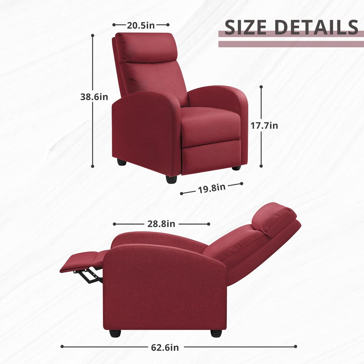 Recliner Chair Adjustable Home Theater Single Fabric Sofa Furniture with Thick Seat Cushion and Backrest Living Room Recliners