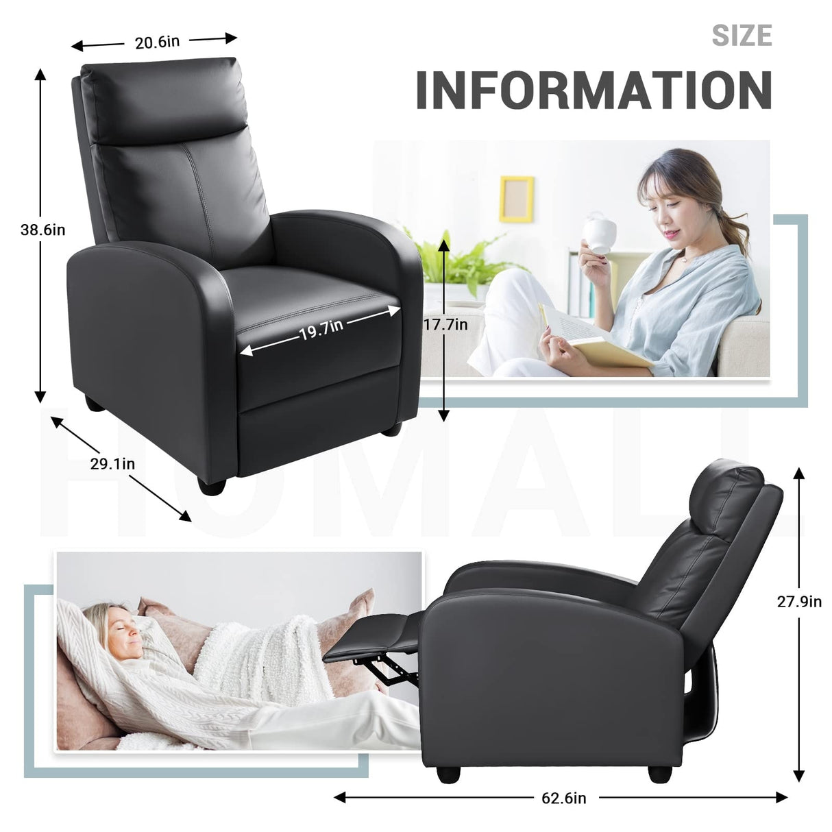 Recliner Chair, Recliner Sofa PU Leather for Adults, Recliners Home Theater Seating with Lumbar Support, Reclining Sofa Chair