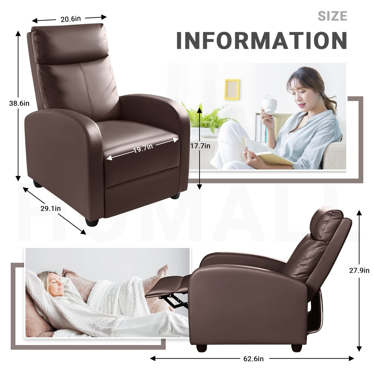 Recliner Chair, Recliner Sofa PU Leather for Adults, Recliners Home Theater Seating with Lumbar Support, Reclining Sofa Chair